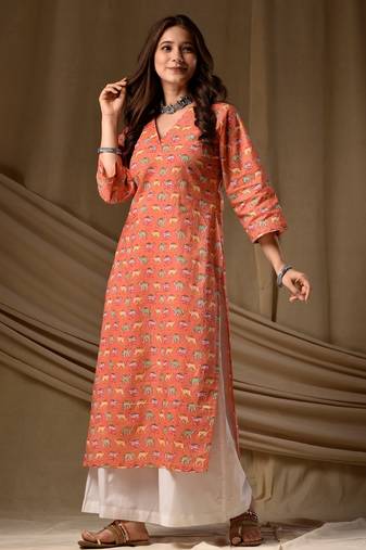 Orange floral printed rayon kurti for women