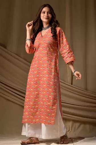 Orange floral printed rayon kurti for women