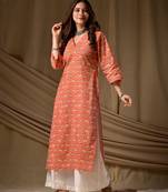 Orange floral printed rayon kurti for women