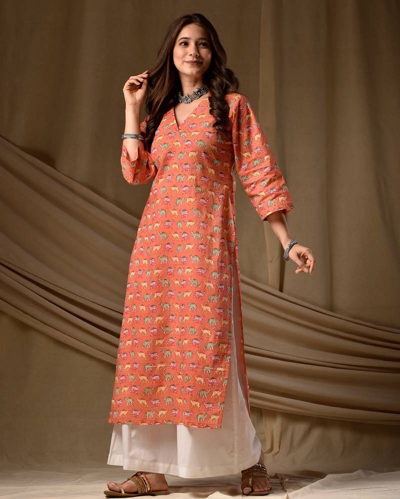 Orange floral printed rayon kurti for women