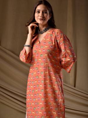 Orange floral printed rayon kurti for women 2