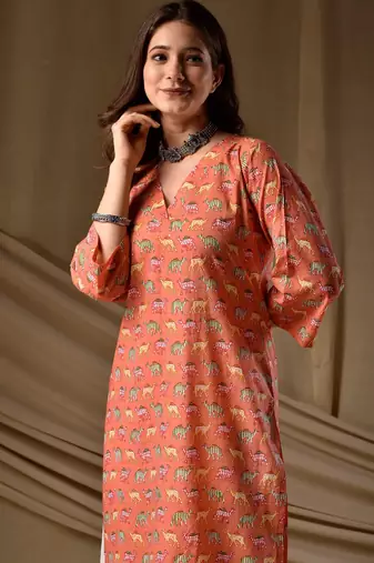 Orange floral printed rayon kurti for women