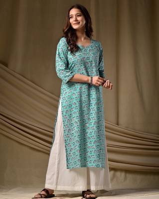 Sky blue floral printed rayon kurti for women 1