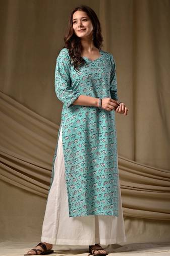 Sky blue floral printed rayon kurti for women