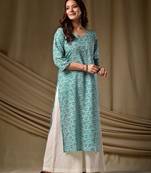 Sky blue floral printed rayon kurti for women