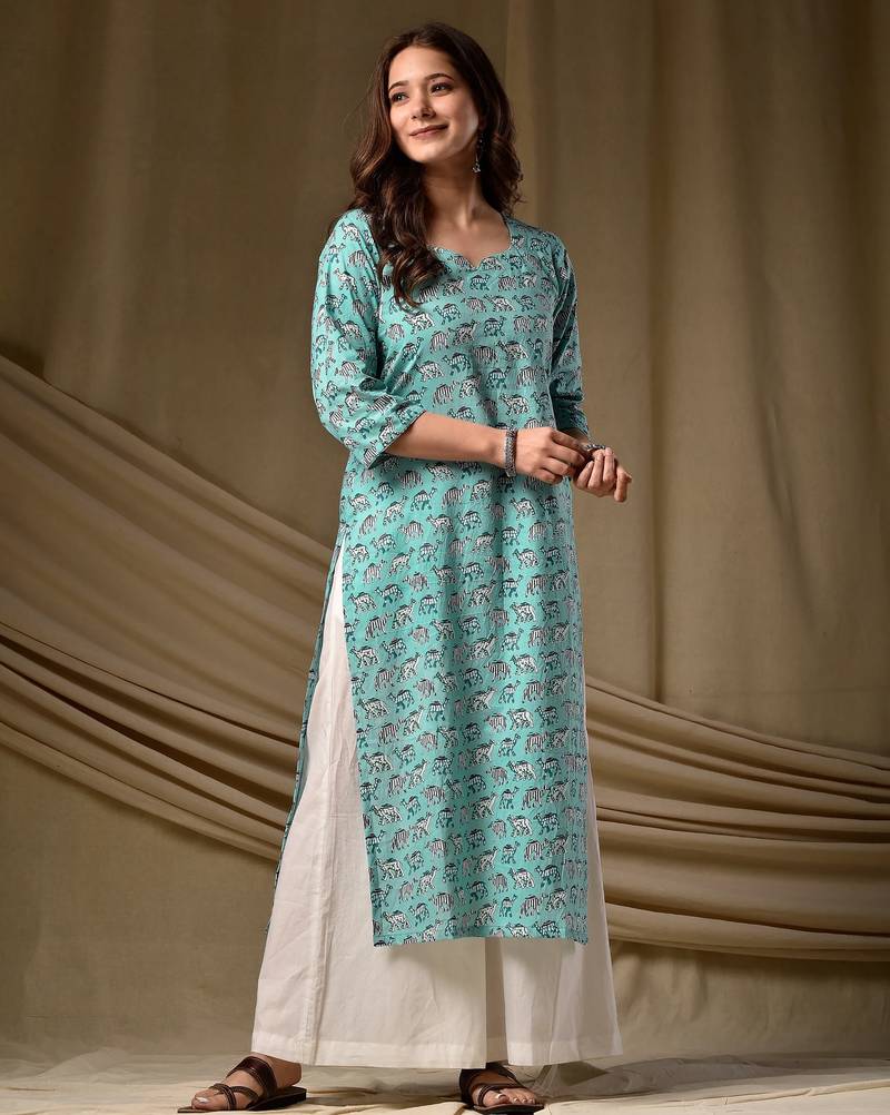 Sky blue floral printed rayon kurti for women