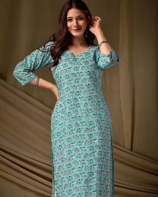 Sky blue floral printed rayon kurti for women 2
