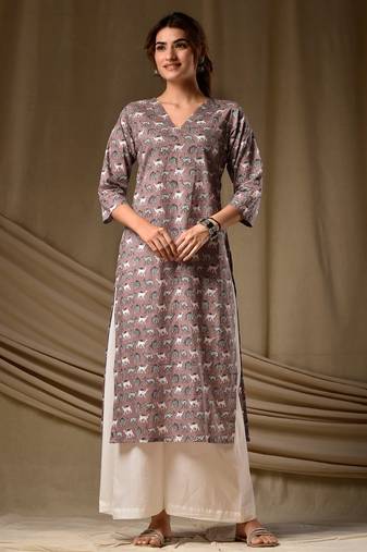 Coffee floral printed rayon kurti for women