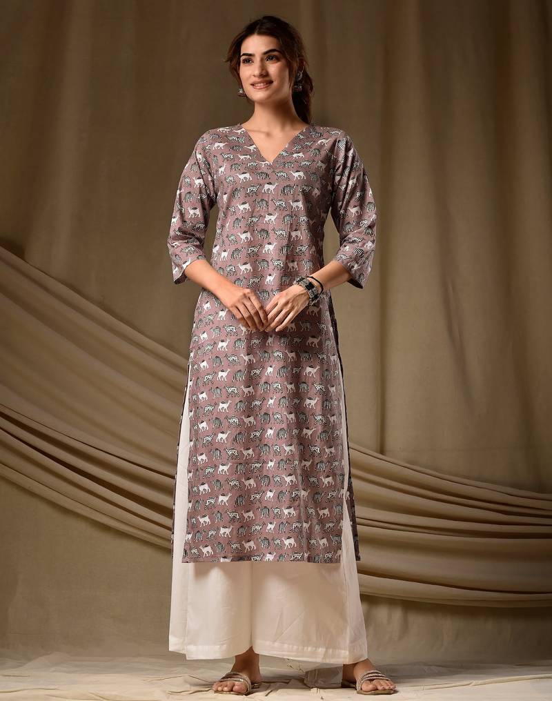Coffee floral printed rayon kurti for women