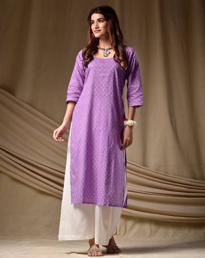 Lavender floral printed rayon kurti for women
