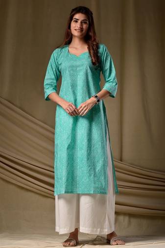 Sky blue floral printed rayon kurti for women