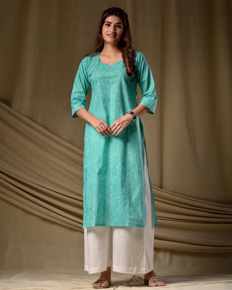 Sky blue floral printed rayon kurti for women