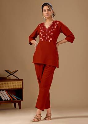 Maroon floral embroidered cotton flex co-ord set for women 1