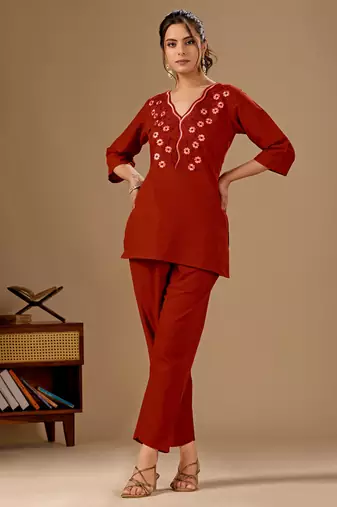 Maroon floral embroidered cotton flex co-ord set for women