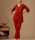 Maroon floral embroidered cotton flex co-ord set for women