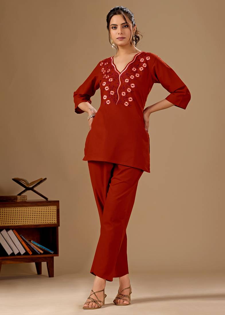 Maroon floral embroidered cotton flex co-ord set for women
