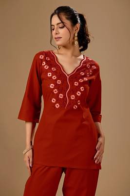 Maroon floral embroidered cotton flex co-ord set for women 2