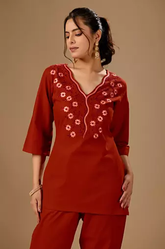 Maroon floral embroidered cotton flex co-ord set for women