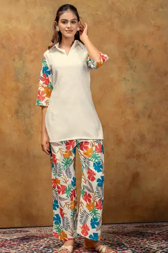 Yellow floral printed polycotton co-ord set for women