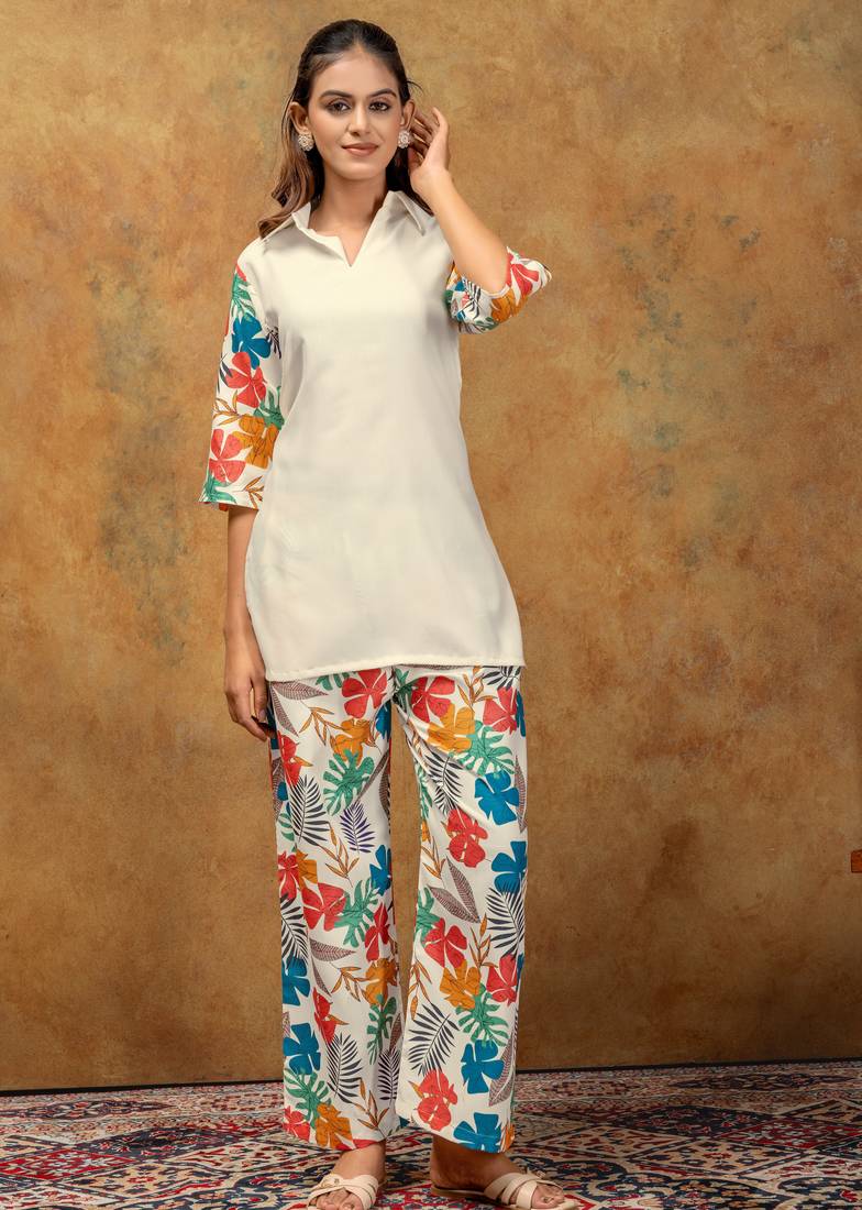 Yellow floral printed polycotton co-ord set for women