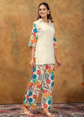 Yellow floral printed polycotton co-ord set for women 2