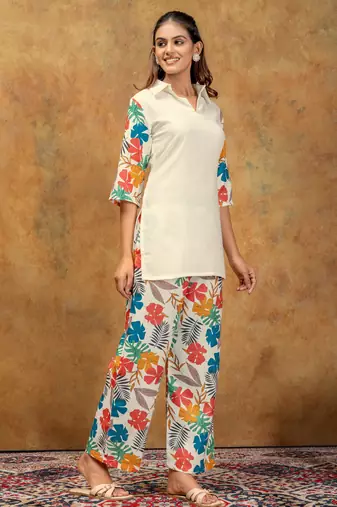 Yellow floral printed polycotton co-ord set for women