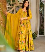 Yellow floral printed rayon anarkali gown with dupatta for women