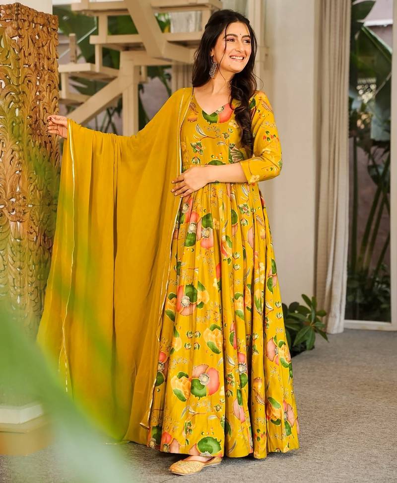 Yellow floral printed rayon anarkali gown with dupatta for women