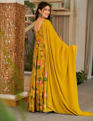 Yellow floral printed rayon anarkali gown with dupatta for women 2