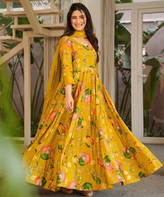 Yellow floral printed rayon anarkali gown with dupatta for women 3
