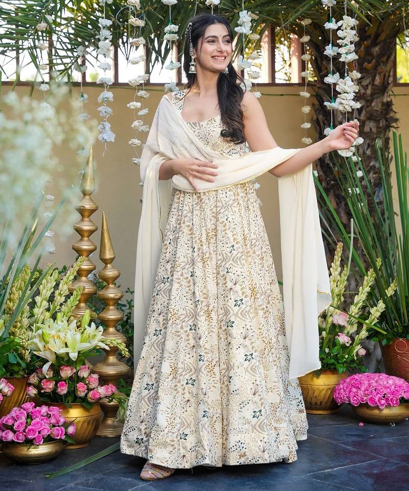 White floral printed rayon anarkali gown with dupatta for women