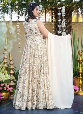 White floral printed rayon anarkali gown with dupatta for women 2