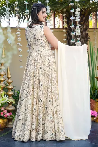 White floral printed rayon anarkali gown with dupatta for women