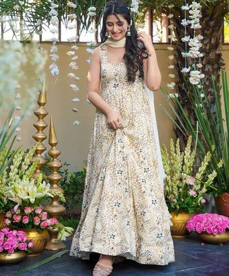 White floral printed rayon anarkali gown with dupatta for women 3