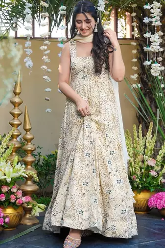 White floral printed rayon anarkali gown with dupatta for women