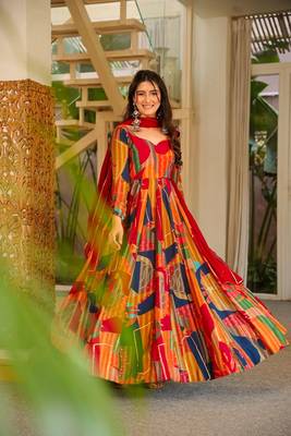 Multi color floral printed rayon anarkali gown with dupatta for women 1