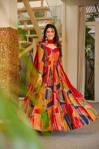 Multi color floral printed rayon anarkali gown with dupatta for women