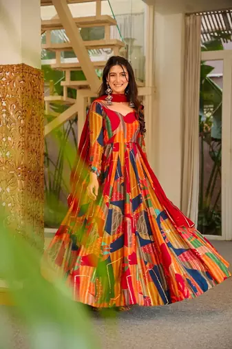 Multi color floral printed rayon anarkali gown with dupatta for women