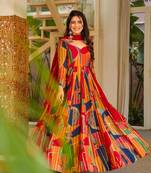 Multi color floral printed rayon anarkali gown with dupatta for women