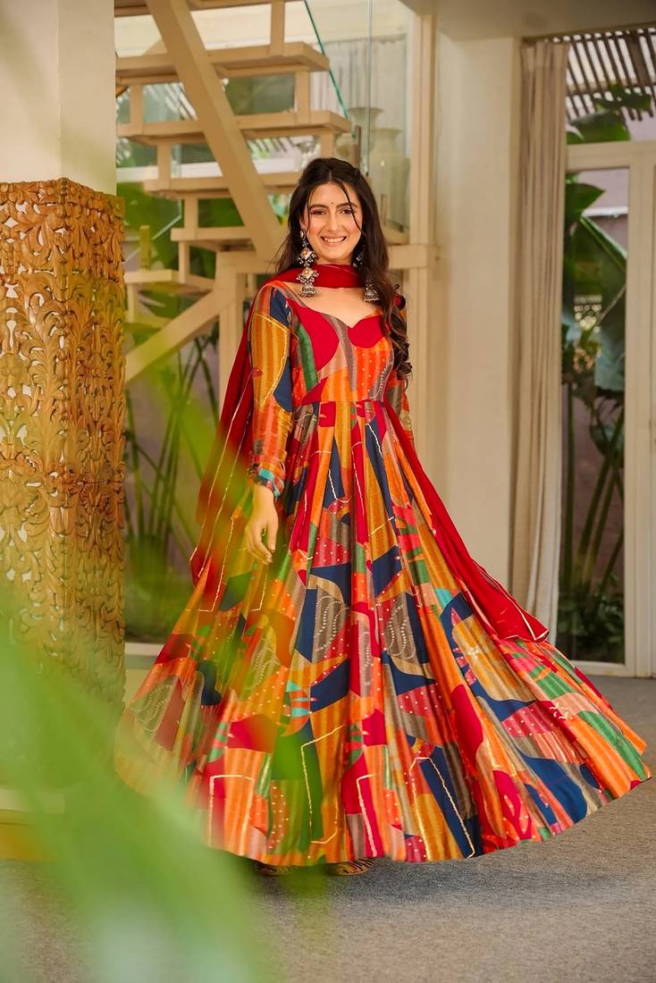 Multi color floral printed rayon anarkali gown with dupatta for women