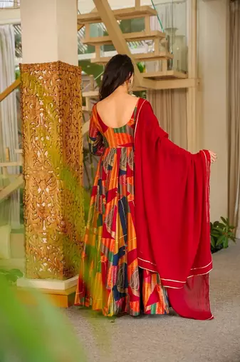Multi color floral printed rayon anarkali gown with dupatta for women