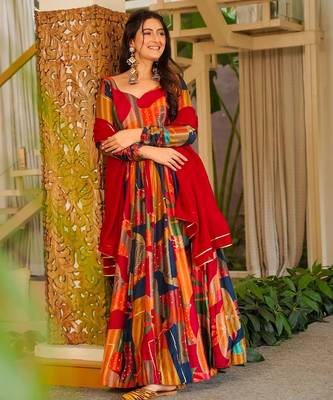 Multi color floral printed rayon anarkali gown with dupatta for women 3