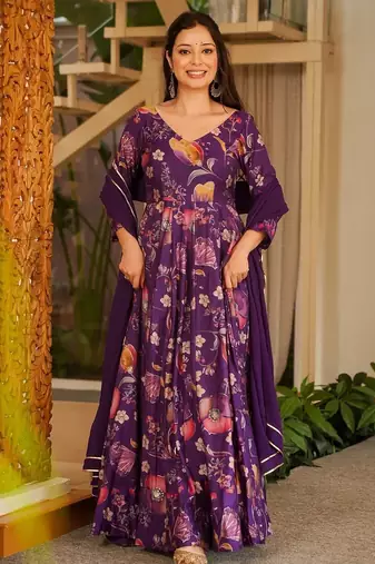 Purple floral printed rayon anarkali gown with dupatta for women