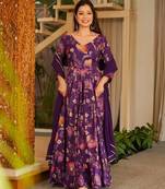 Purple floral printed rayon anarkali gown with dupatta for women