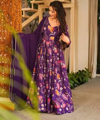 Purple floral printed rayon anarkali gown with dupatta for women 2