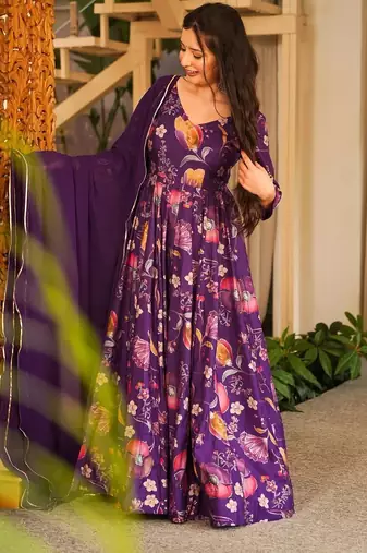Purple floral printed rayon anarkali gown with dupatta for women