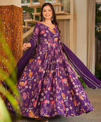 Purple floral printed rayon anarkali gown with dupatta for women 3