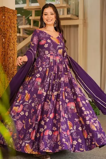 Purple floral printed rayon anarkali gown with dupatta for women