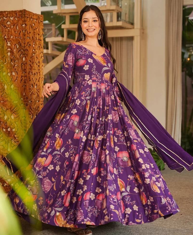 Purple floral printed rayon anarkali gown with dupatta for women