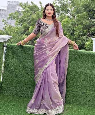 soft fandy satin fabric embroidered saree with blouse 1